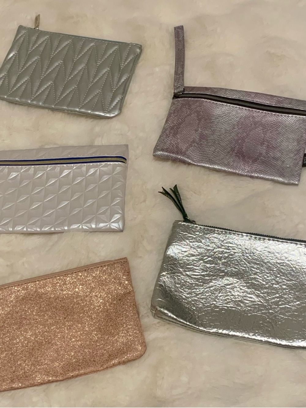 Ipsy Metallic Cosmetic Pouch Set in Silver, Rose Gold, Pearl, Purple